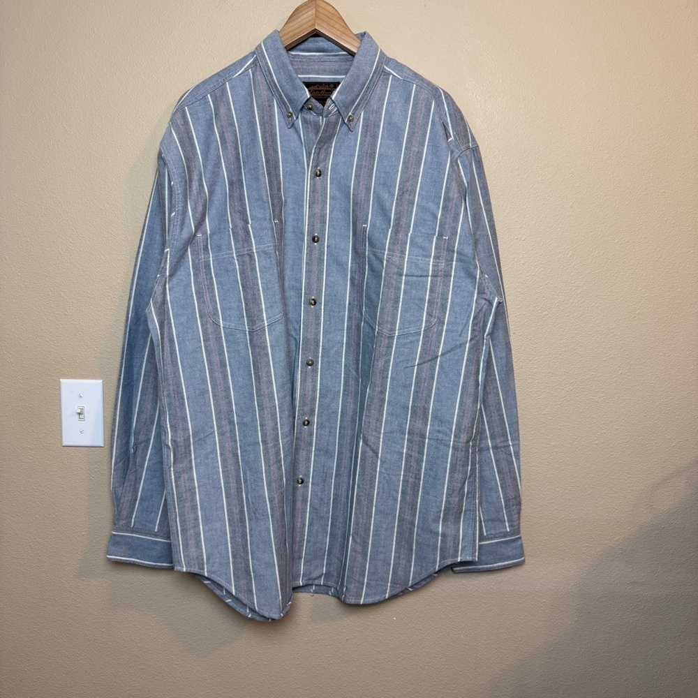 Eddie Bauer Vintage 90s Blue Stripped Button Up Shirt 100% Cotton - XLT - Picture 1 of 5